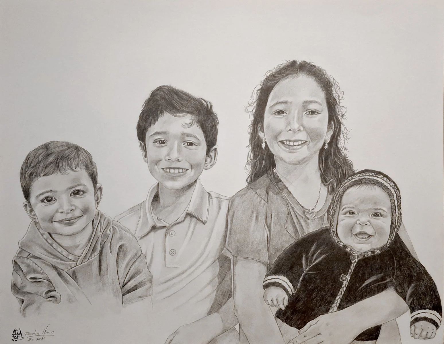 Retrato a grafito de los hijos de Laura