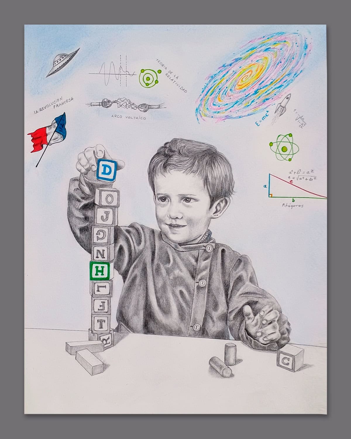 Retrato a lápiz de Dany por Beatriz Marín | Niña de 4 años con sus temas favoritos de contexto